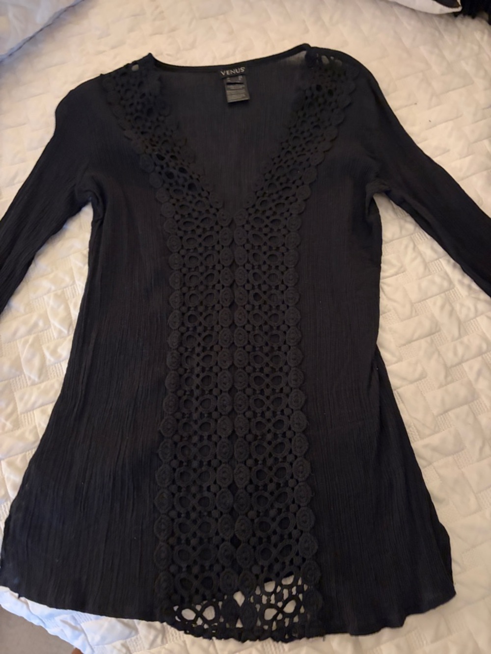 VENUS Black Crochet-Front V-Neck Tunic